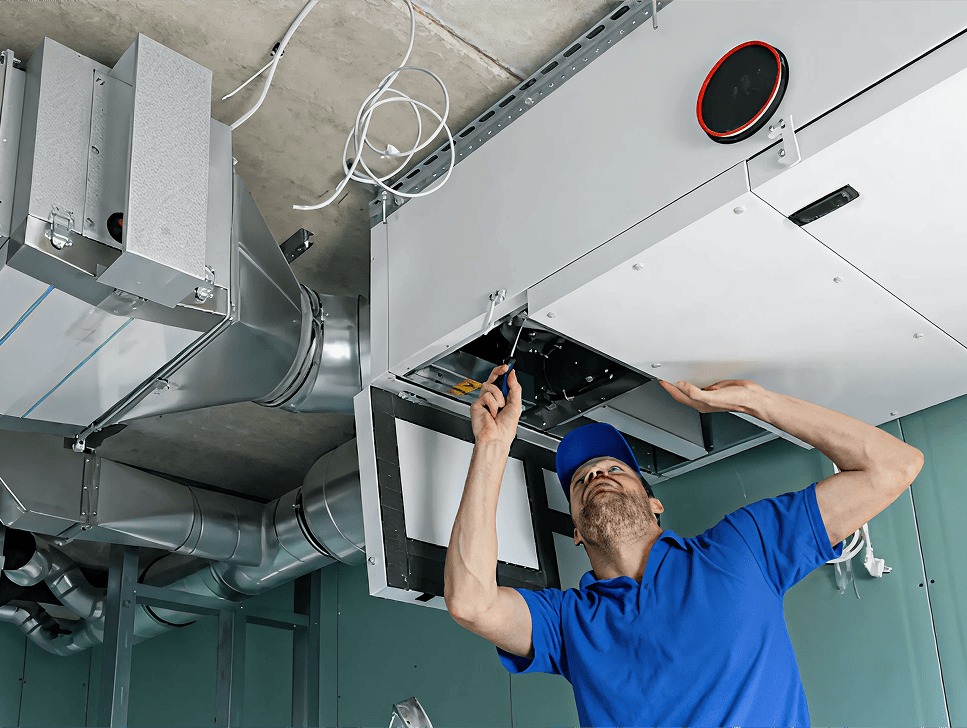 Professional technician inspecting commercial duct system with exposed metal ventilation pipes